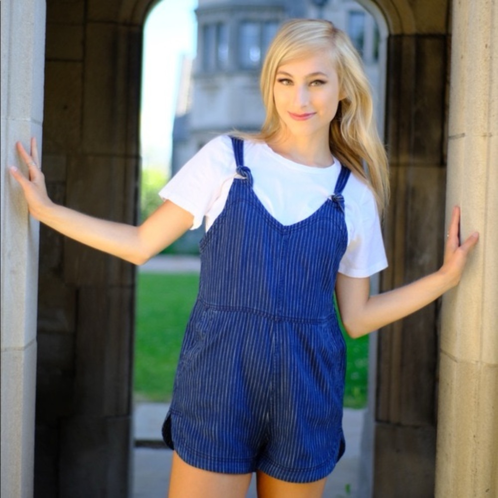 American Eagle Outfitters Chambray Blue White Striped Romper Sz S Retails $69.95